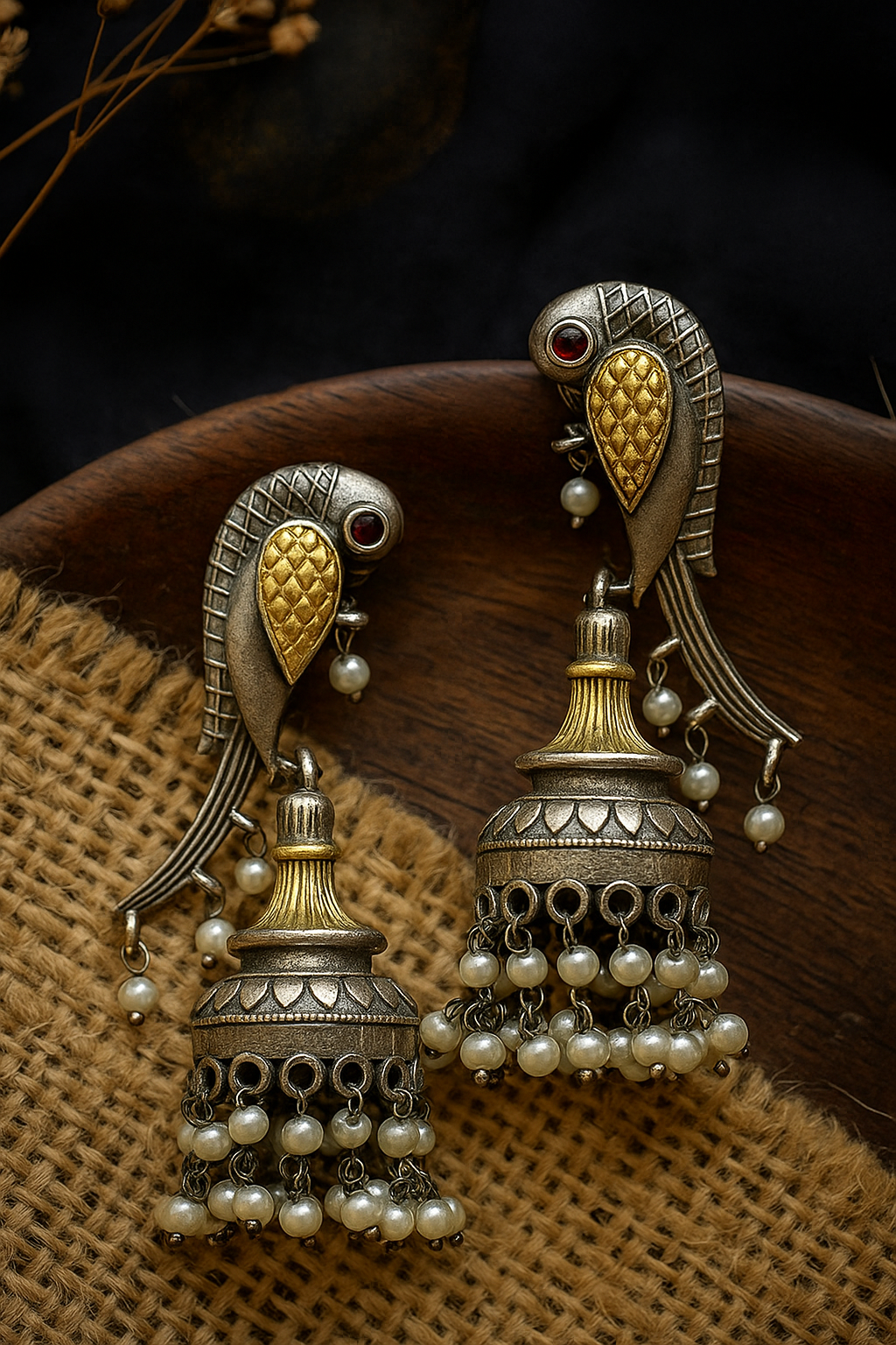 Parrot Jhumki Earrings – Traditional Indian Oxidized Silver Dangle Jhumkas with Pearl Beads & Gold-Toned Dome