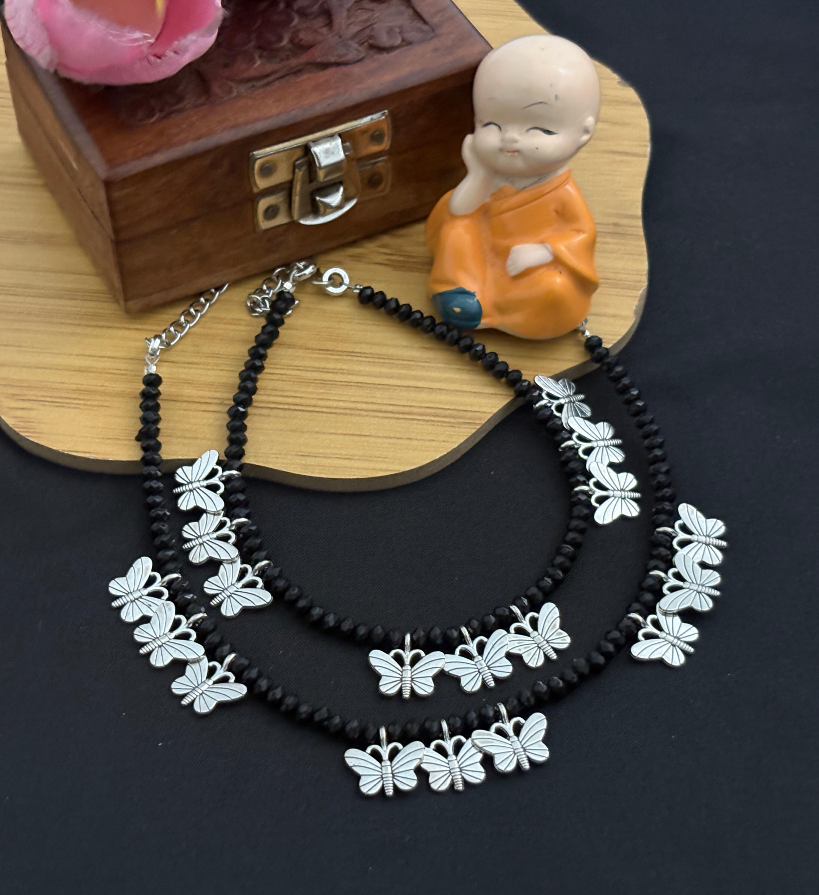 Elegant Black Beaded Anklet with Silver Butterfly Charms for Every Occasion