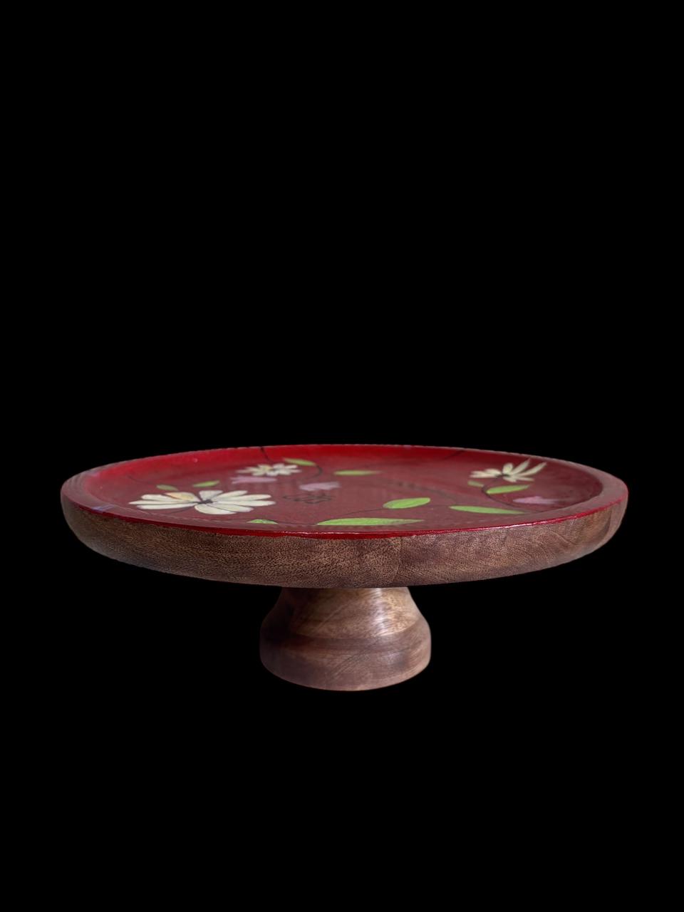 Vibrant Hand-Painted Tropical Floral Wooden Cake Stand with Dark Wood Base for Home Decor