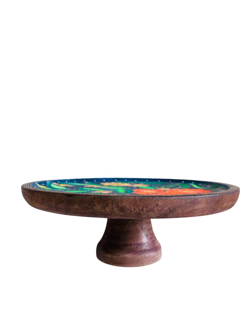 Vibrant Hand-Painted Floral Wooden Cake Stand with Rustic Charm for Home Decor