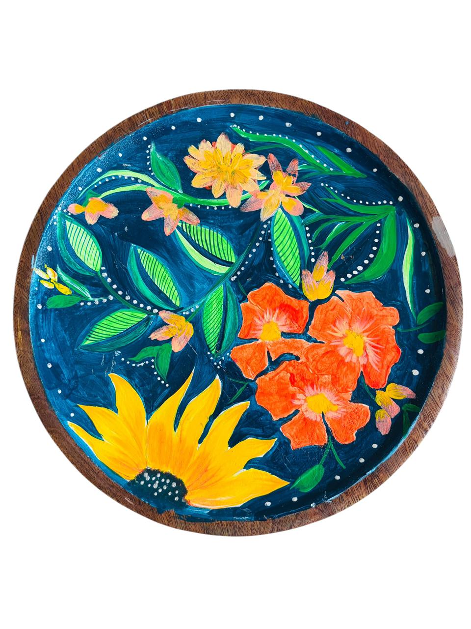 Vibrant Hand-Painted Floral Wooden Cake Stand with Rustic Charm for Home Decor