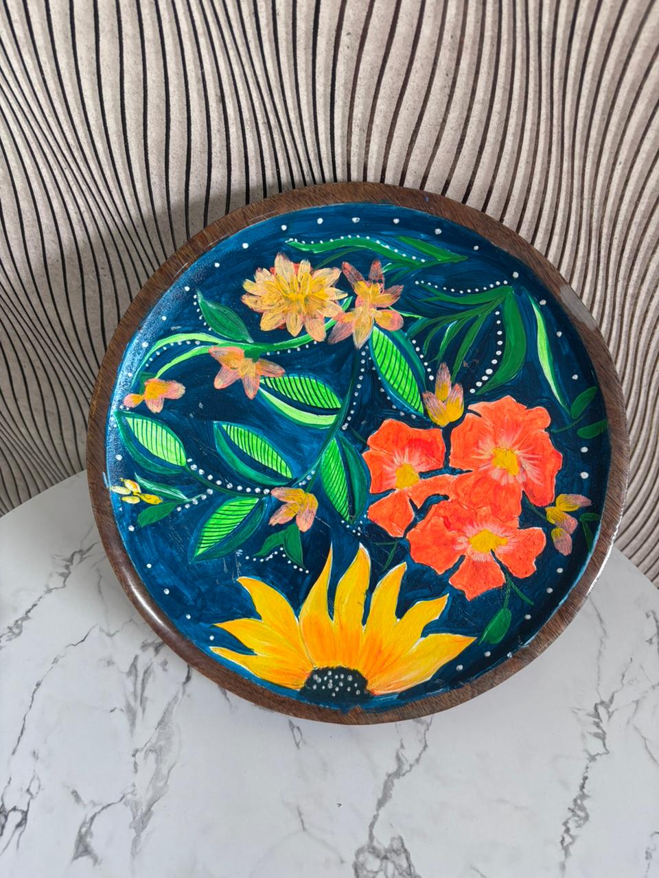 Vibrant Hand-Painted Floral Wooden Cake Stand with Rustic Charm for Home Decor