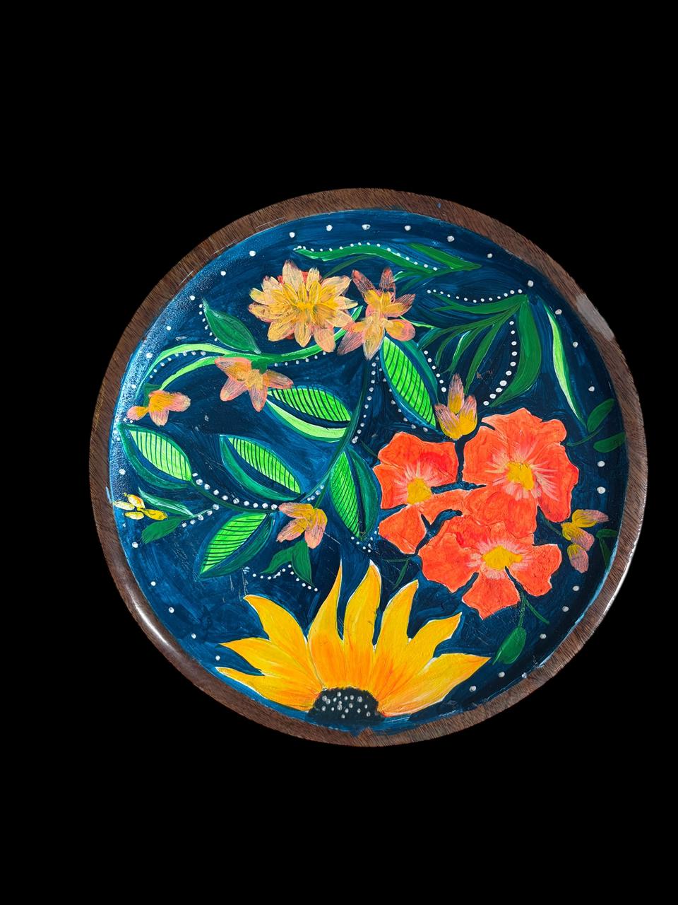 Vibrant Hand-Painted Floral Wooden Cake Stand with Rustic Charm for Home Decor