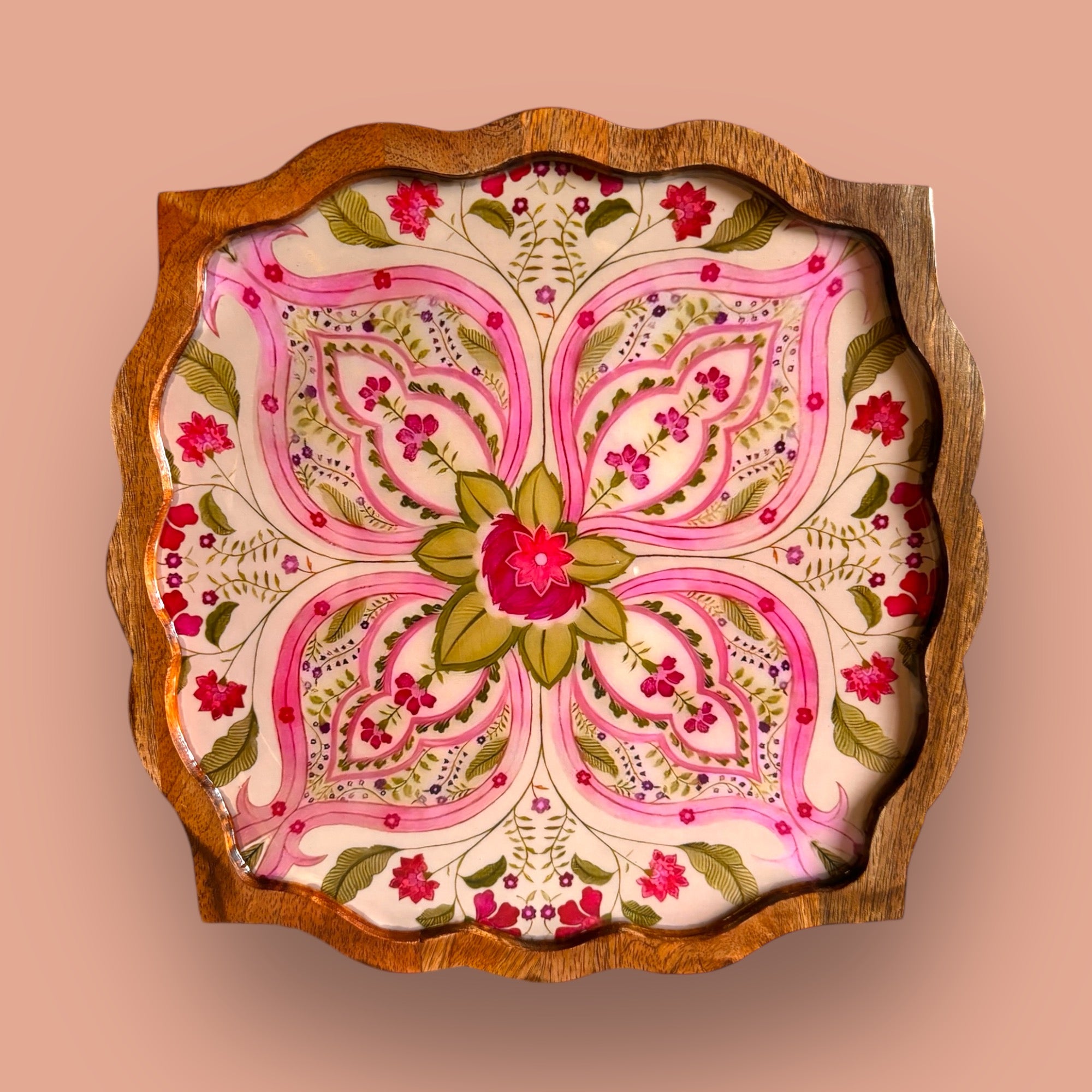 Blooming Lotus-Inspired Wooden Snack Plate Floral Mandala Design Artisan-Crafted Decorative Serveware for Dinning Table