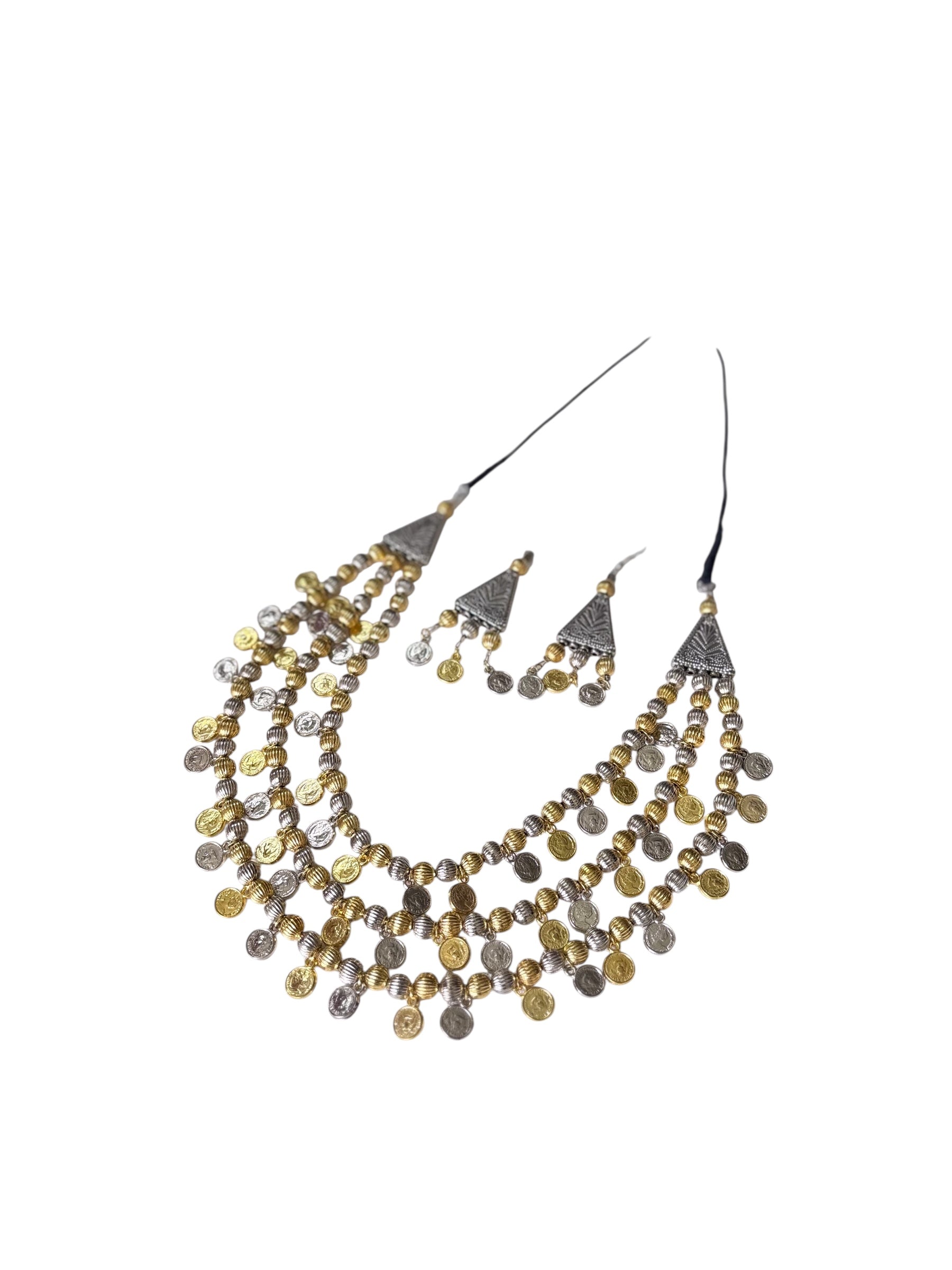 Elegant Two-Tone Beaded Necklace Set Traditional Tribal Jewelry with Matching Earrings