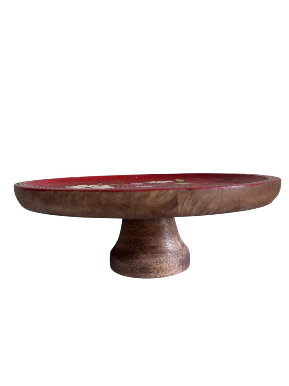 Vibrant Hand-Painted Tropical Floral Wooden Cake Stand with Dark Wood Base for Home Decor