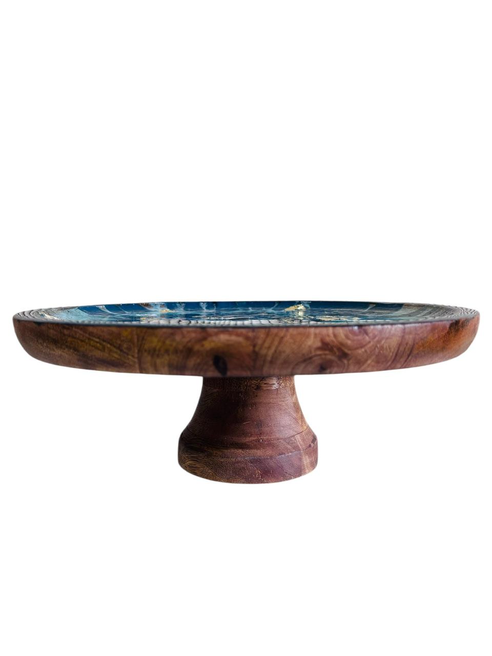 Artisanal Ocean Breeze Resin & Wood Pedestal Cake Stand for Dessert Presentation