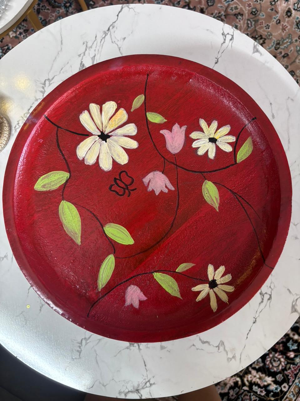 Vibrant Hand-Painted Tropical Floral Wooden Cake Stand with Dark Wood Base for Home Decor
