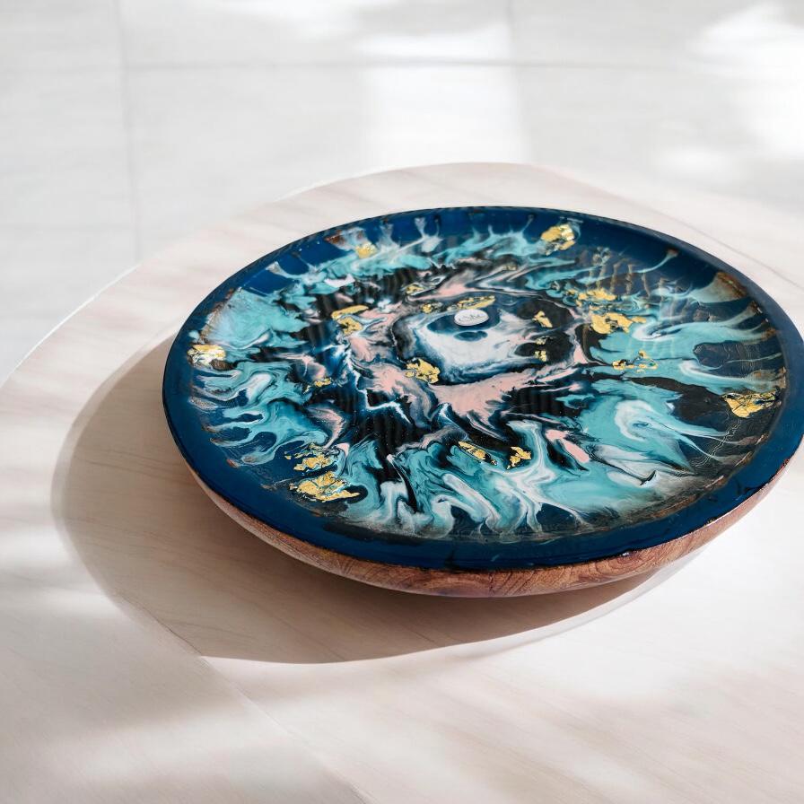Artisanal Ocean Breeze Resin & Wood Pedestal Cake Stand for Dessert Presentation
