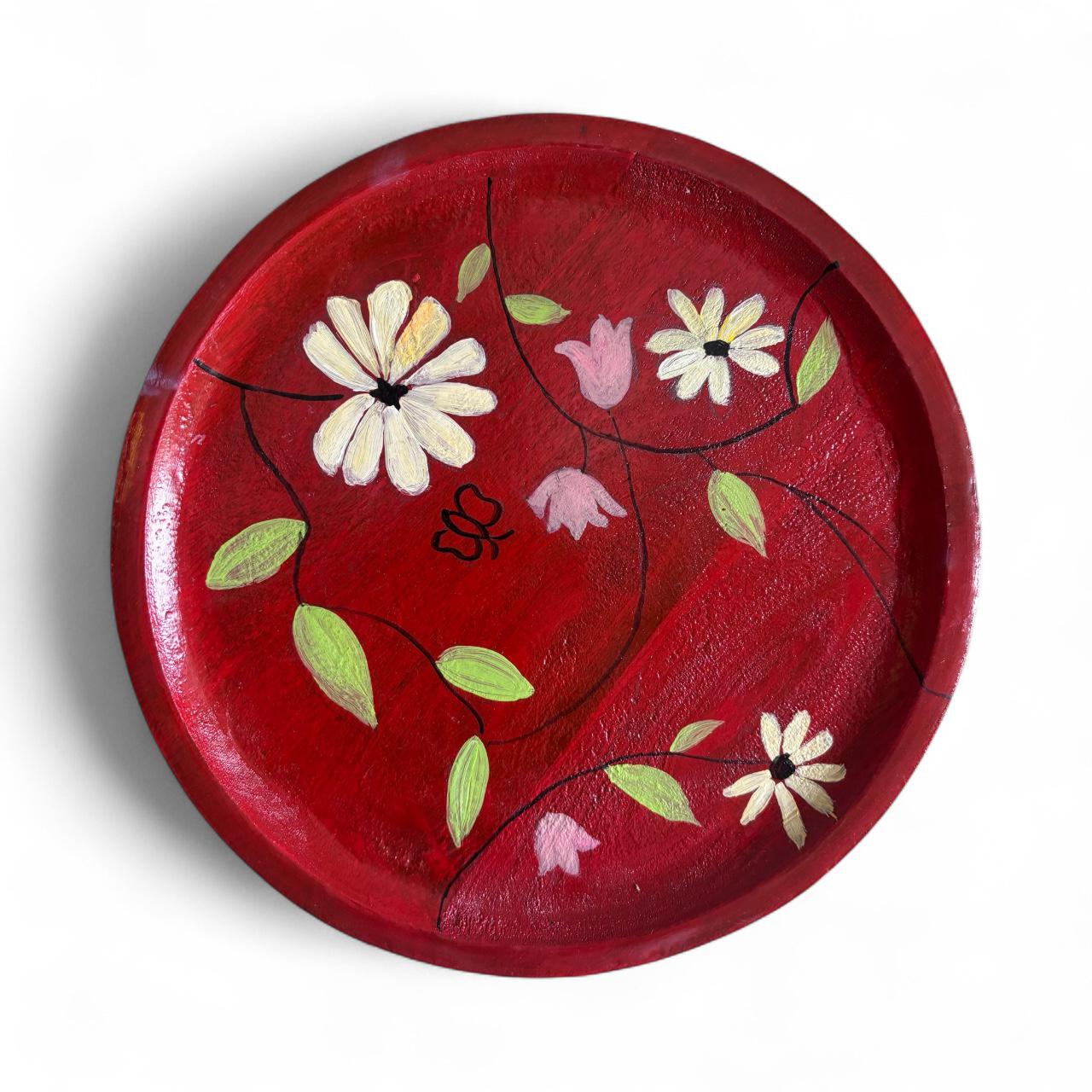 Vibrant Hand-Painted Tropical Floral Wooden Cake Stand with Dark Wood Base for Home Decor