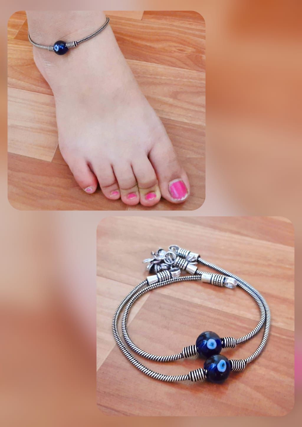 Evil Eye Silver-Look Anklet with Blue Beads – Stylish Protection Footwear