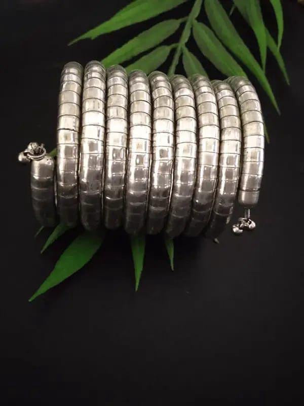 Antique Silver Coil Kada – Traditional Tribal Style Adjustable Bangle Bracelet for Women Handcrafted Statement Jewelry