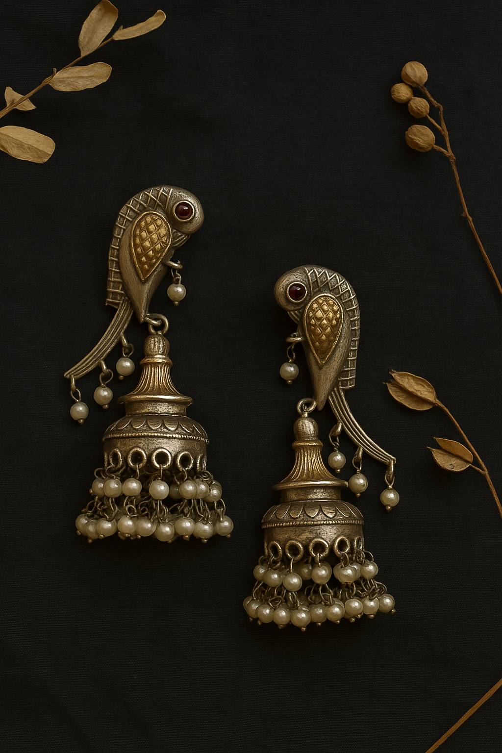 Parrot Jhumki Earrings – Traditional Indian Oxidized Silver Dangle Jhumkas with Pearl Beads & Gold-Toned Dome