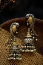 Parrot Jhumki Earrings – Traditional Indian Oxidized Silver Dangle Jhumkas with Pearl Beads & Gold-Toned Dome