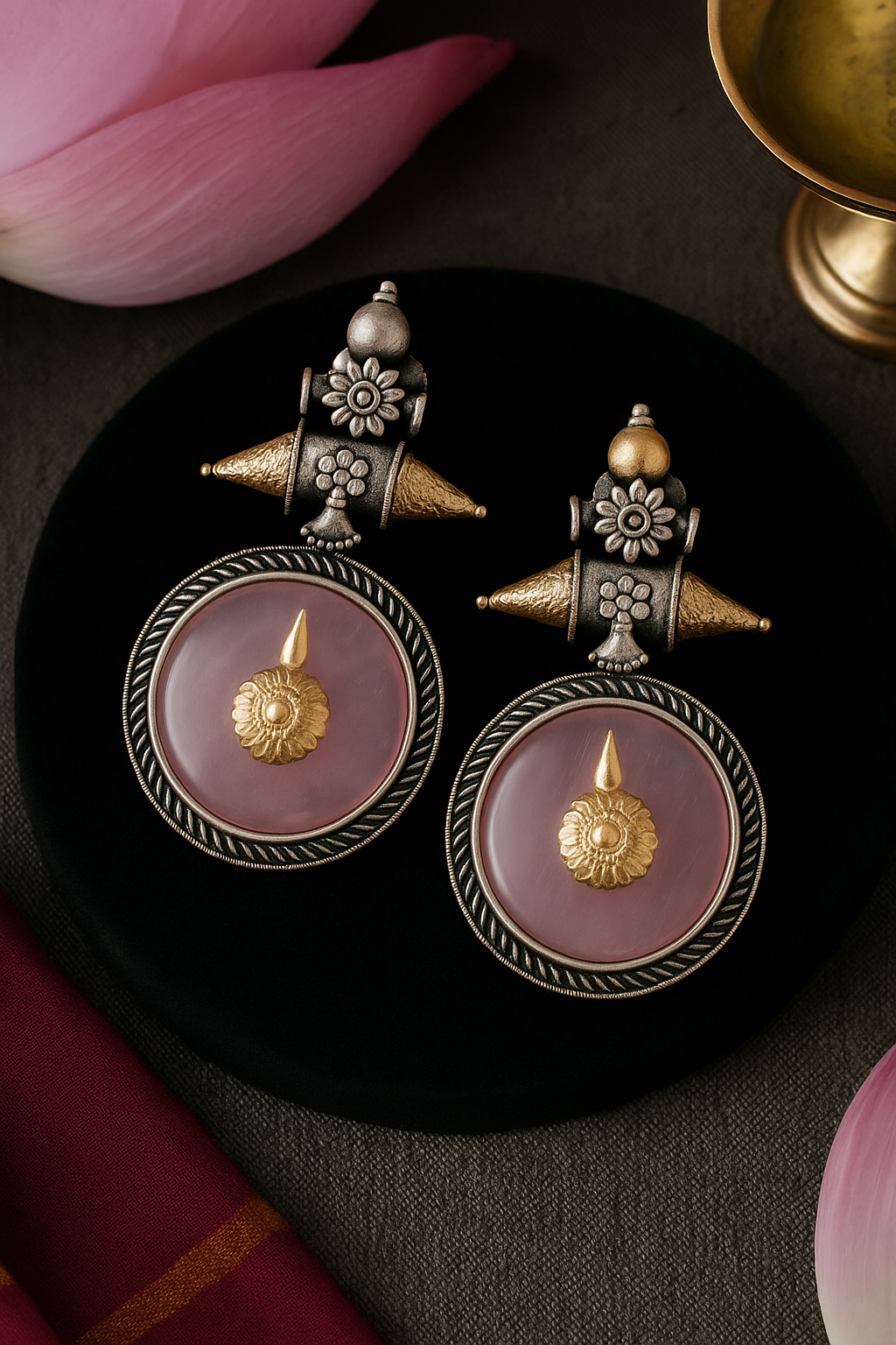 Vintage-Inspired Silver and Pink Stone Round Dangle Earrings with Ornate Floral Detailing