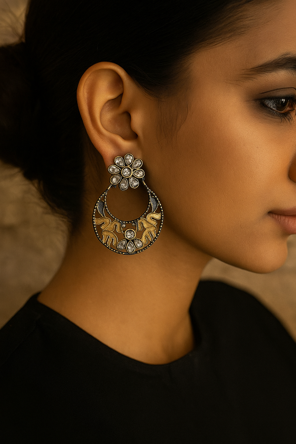 Intricate Silver Chand Baali Earrings with Floral Motif Studs and Delicate Crystal Embellishments