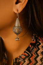 Traditional Silver Jhumki Earrings with Intricate Filigree Work and Dangling Bells