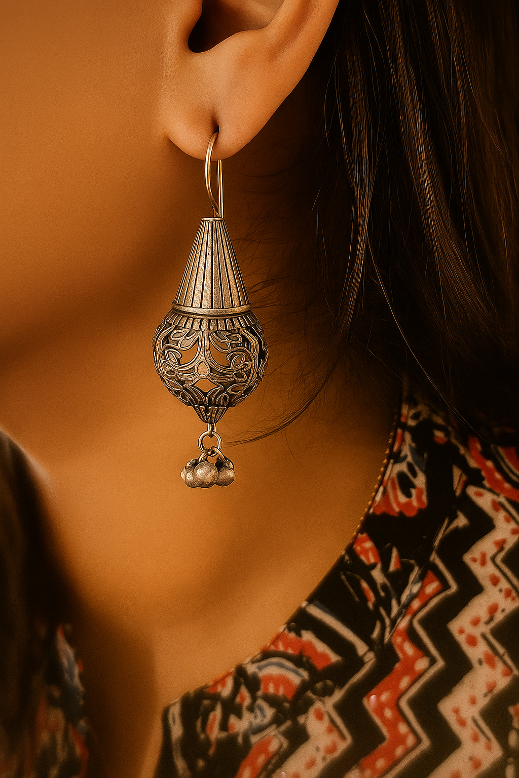 Traditional Silver Jhumki Earrings with Intricate Filigree Work and Dangling Bells