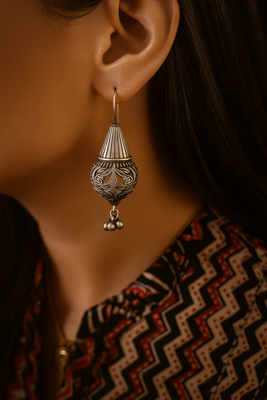 Traditional Silver Jhumki Earrings with Intricate Filigree Work and Dangling Bells