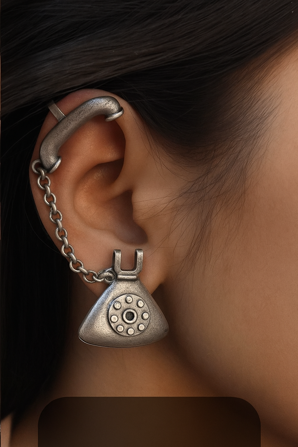 “Phonecuff” – Retro Telephone-Inspired Ear Cuff in Antique Silver Finish Statement Jewelry