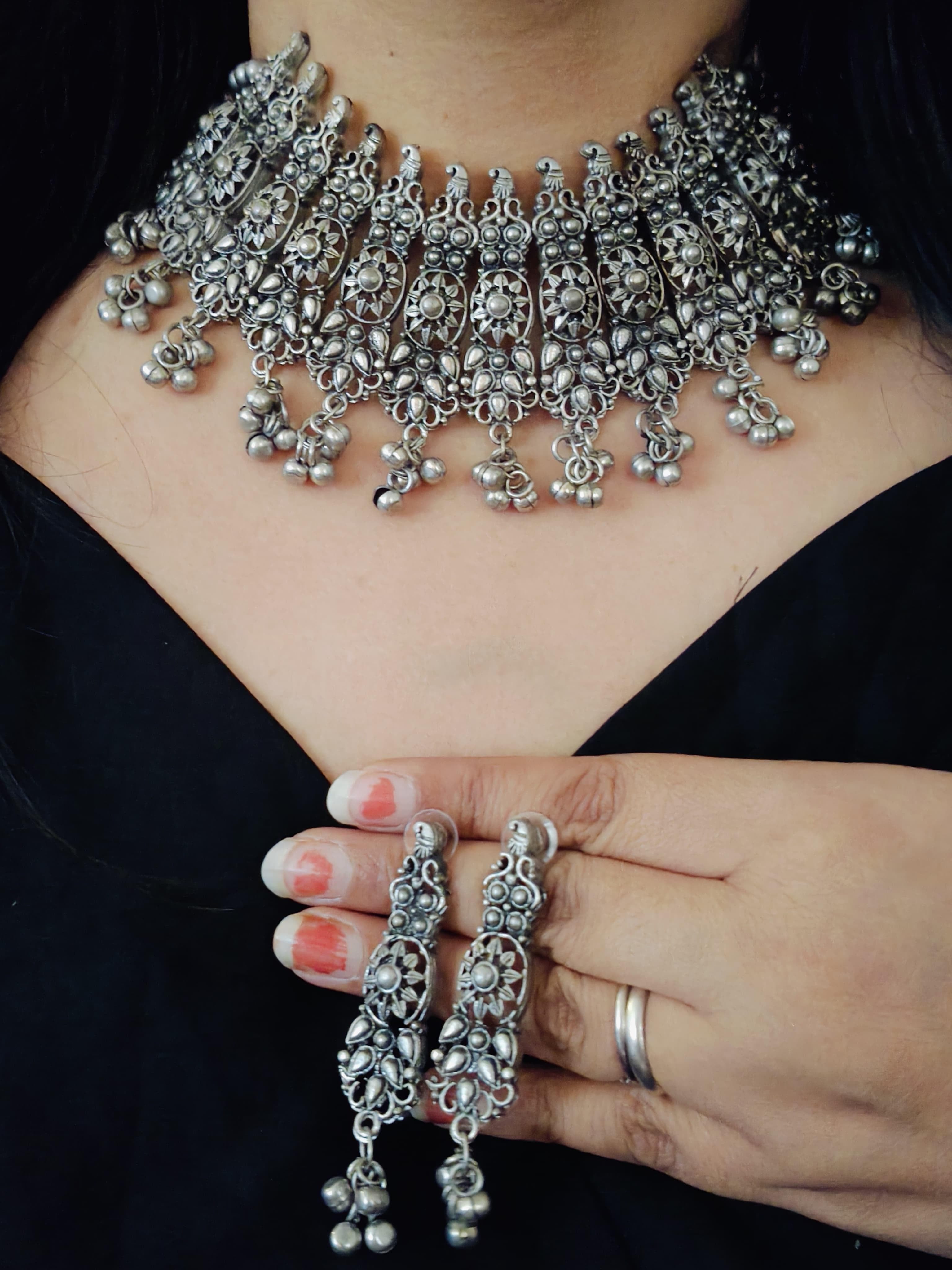 Heavy Oxidized Silver Necklace Set – Handcrafted Ethnic Jewelry with Matching Earrings