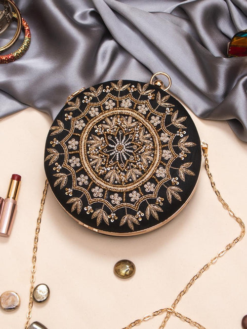 Black Zardosi Round Box Clutch for Women