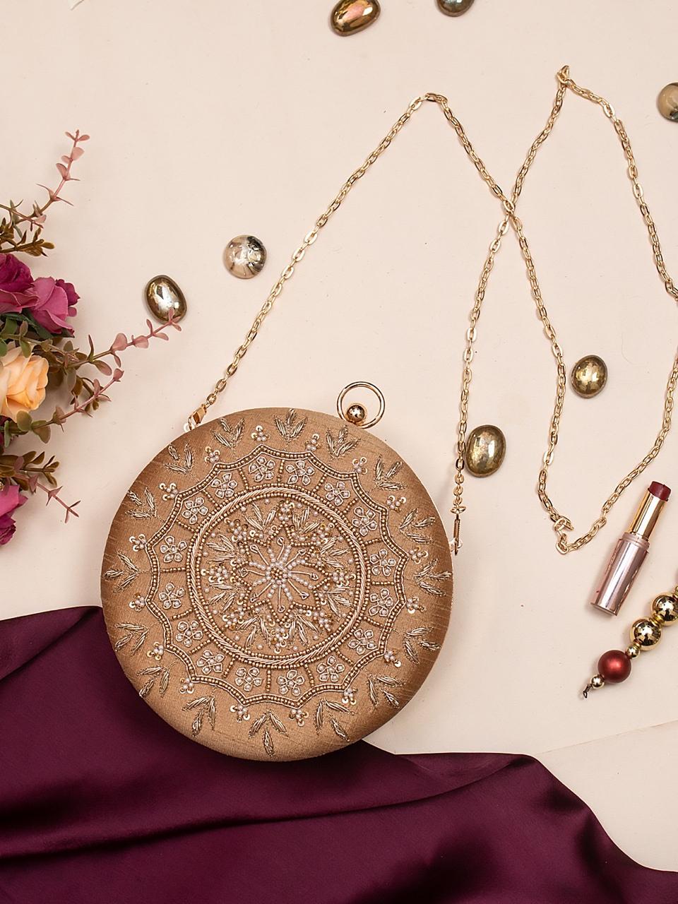 Nude Brown Zardozi Round Box Clutch for Women