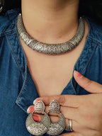 Traditional Oxidized Silver Hasli Necklace and Earring Set Tribal-Inspired Statement Jewelry