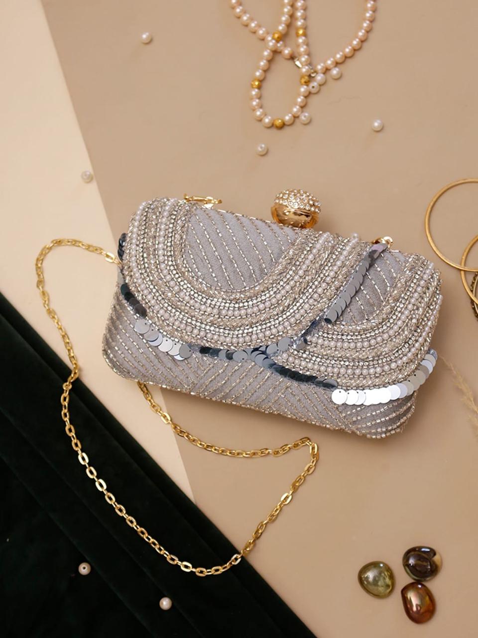 Silver Grey Hand embroidered Fancy Clutch for Girls & Women