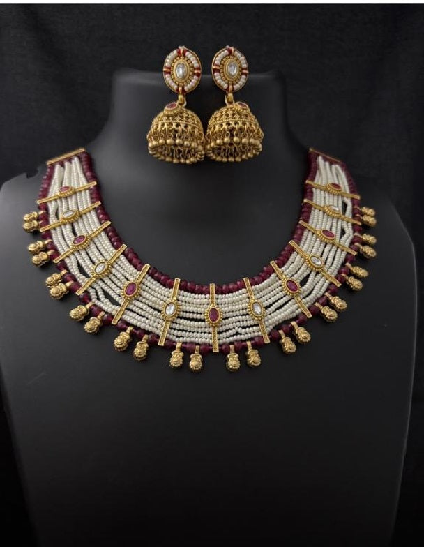 Traditional Gold-Plated Choker Necklace with White Red Beads, and Matching Jhumka Earrings