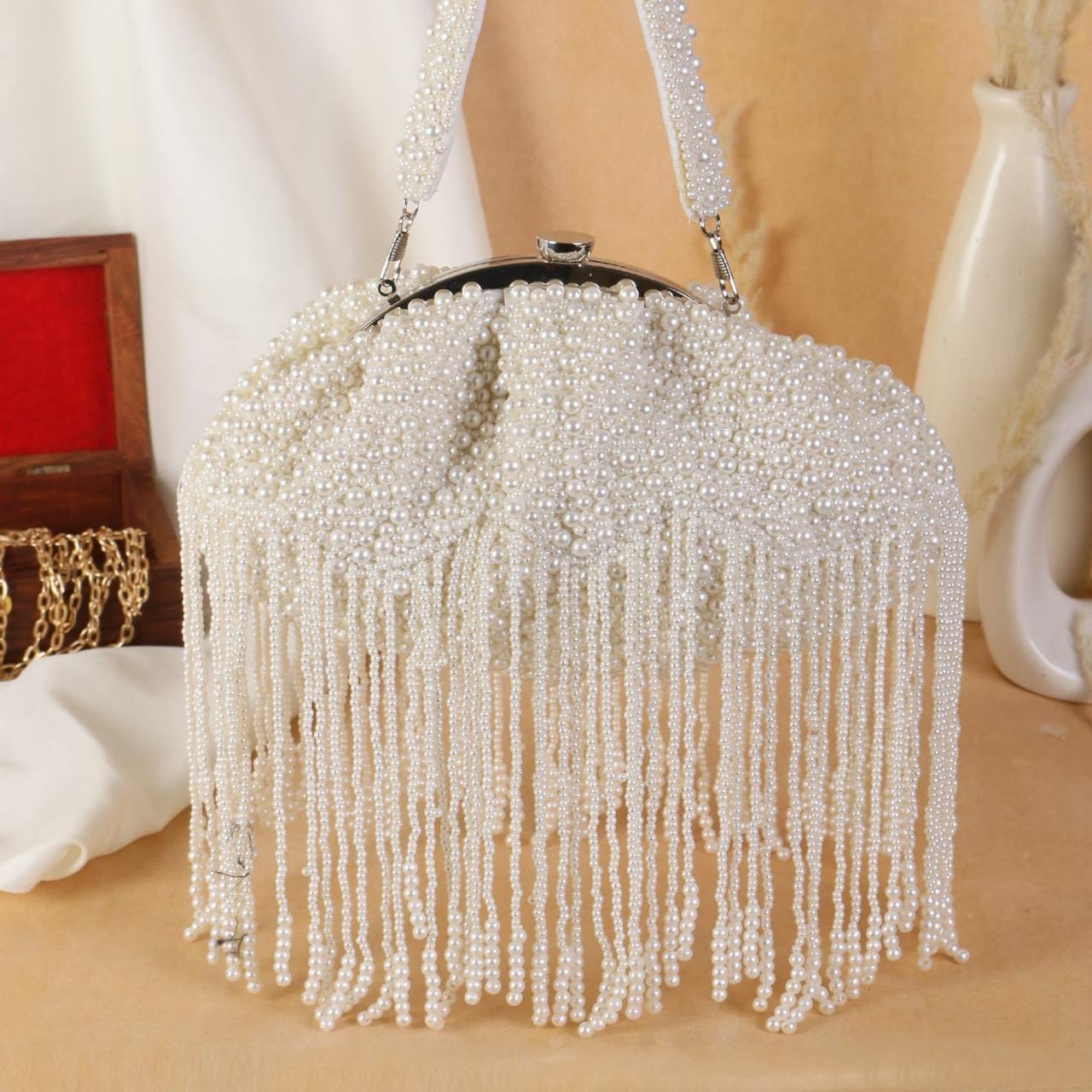 Hanging Beads White  Heavy Embroidered Clutch Bag for Girls & Women