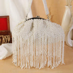 Hanging Beads White  Heavy Embroidered Clutch Bag for Girls & Women