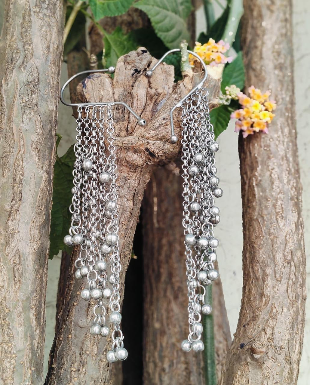 Traditional Ghungroo Ear Cuff Earrings – Oxidized Silver Chain Style with Dangling Bells