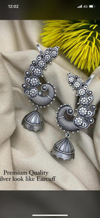 Elegant Oxidized Silver Peacock Ear Cuffs with Floral Detailing and Jhumka Dangles – Statement Ethnic Jewelry for Women