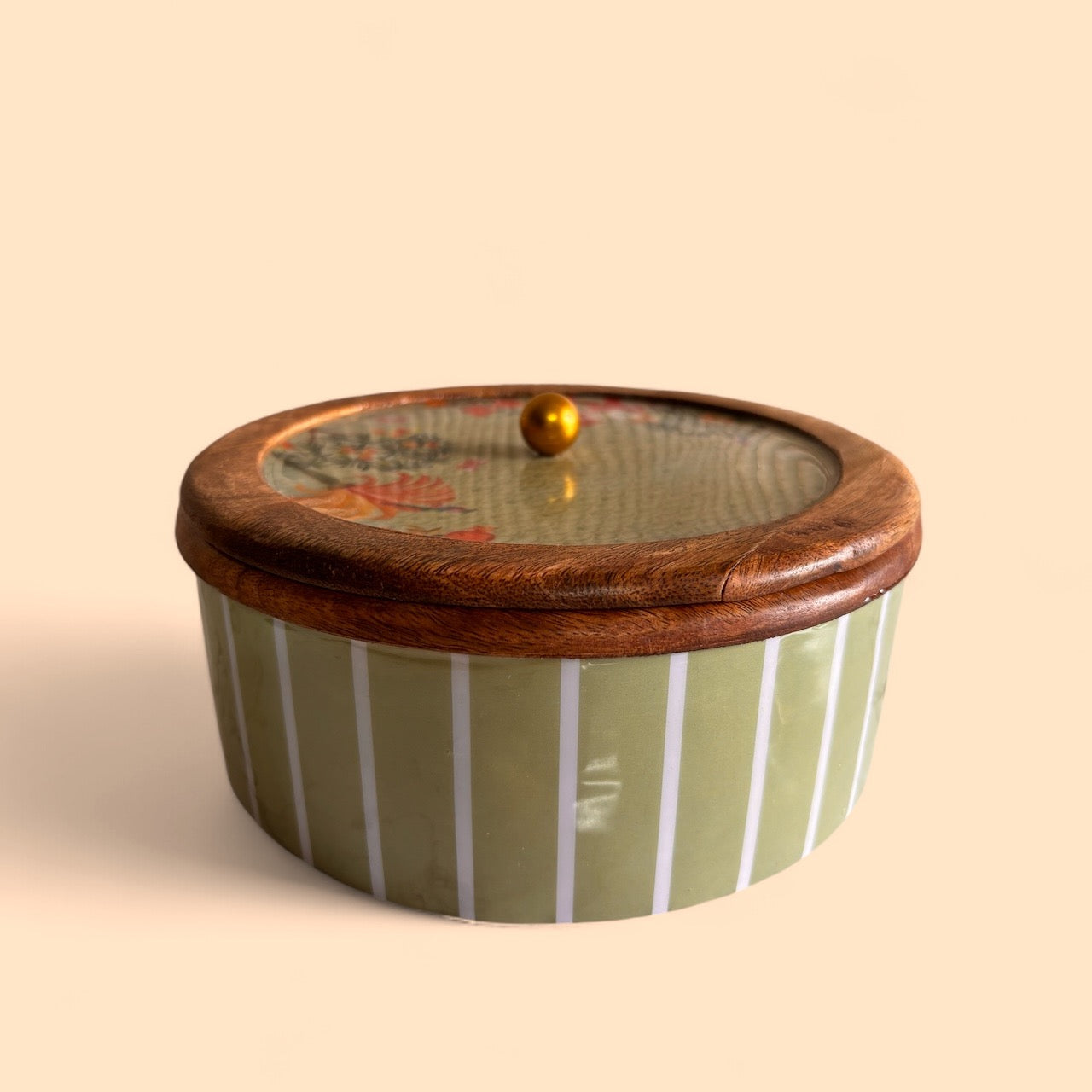 Handcrafted Decorative Casserole with Wooden and Glass Lid Floral Printed Top, Striped Ceramic Base for Dining, Gifting, and Home Decor