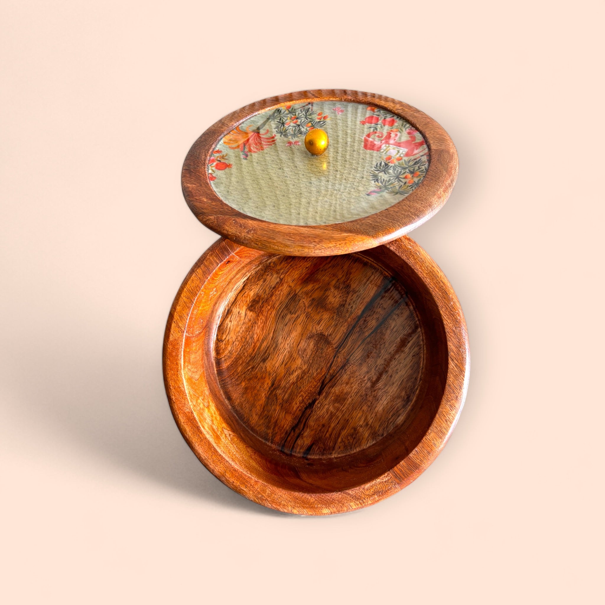 Handcrafted Decorative Casserole with Wooden and Glass Lid Floral Printed Top, Striped Ceramic Base for Dining, Gifting, and Home Decor