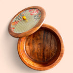 Handcrafted Decorative Casserole with Wooden and Glass Lid Floral Printed Top, Striped Ceramic Base for Dining, Gifting, and Home Decor