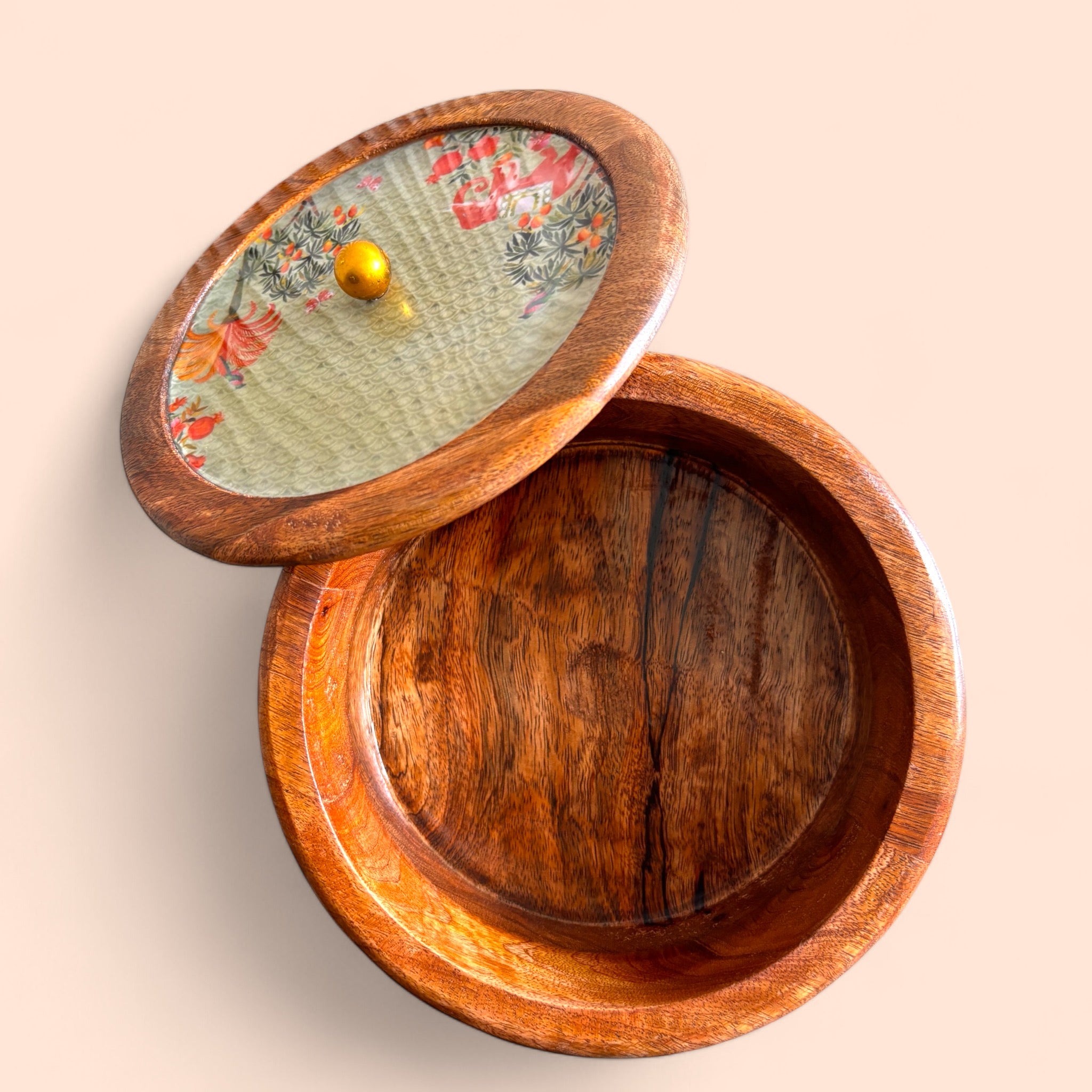 Handcrafted Decorative Casserole with Wooden and Glass Lid Floral Printed Top, Striped Ceramic Base for Dining, Gifting, and Home Decor