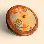 Handcrafted Decorative Casserole with Wooden and Glass Lid Floral Printed Top, Striped Ceramic Base for Dining, Gifting, and Home Decor