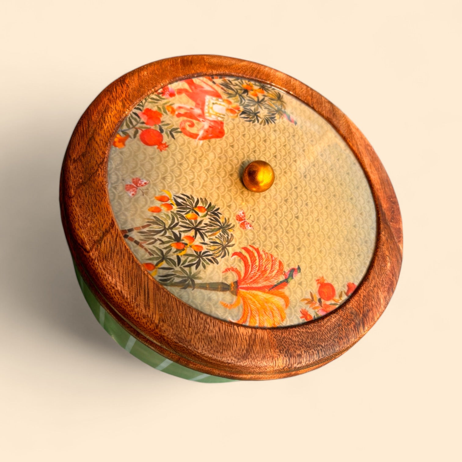 Handcrafted Decorative Casserole with Wooden and Glass Lid Floral Printed Top, Striped Ceramic Base for Dining, Gifting, and Home Decor