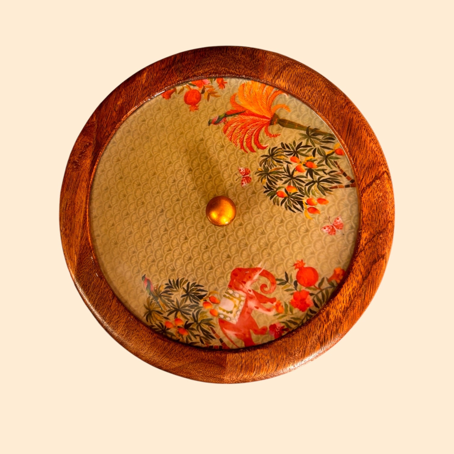 Handcrafted Decorative Casserole with Wooden and Glass Lid Floral Printed Top, Striped Ceramic Base for Dining, Gifting, and Home Decor