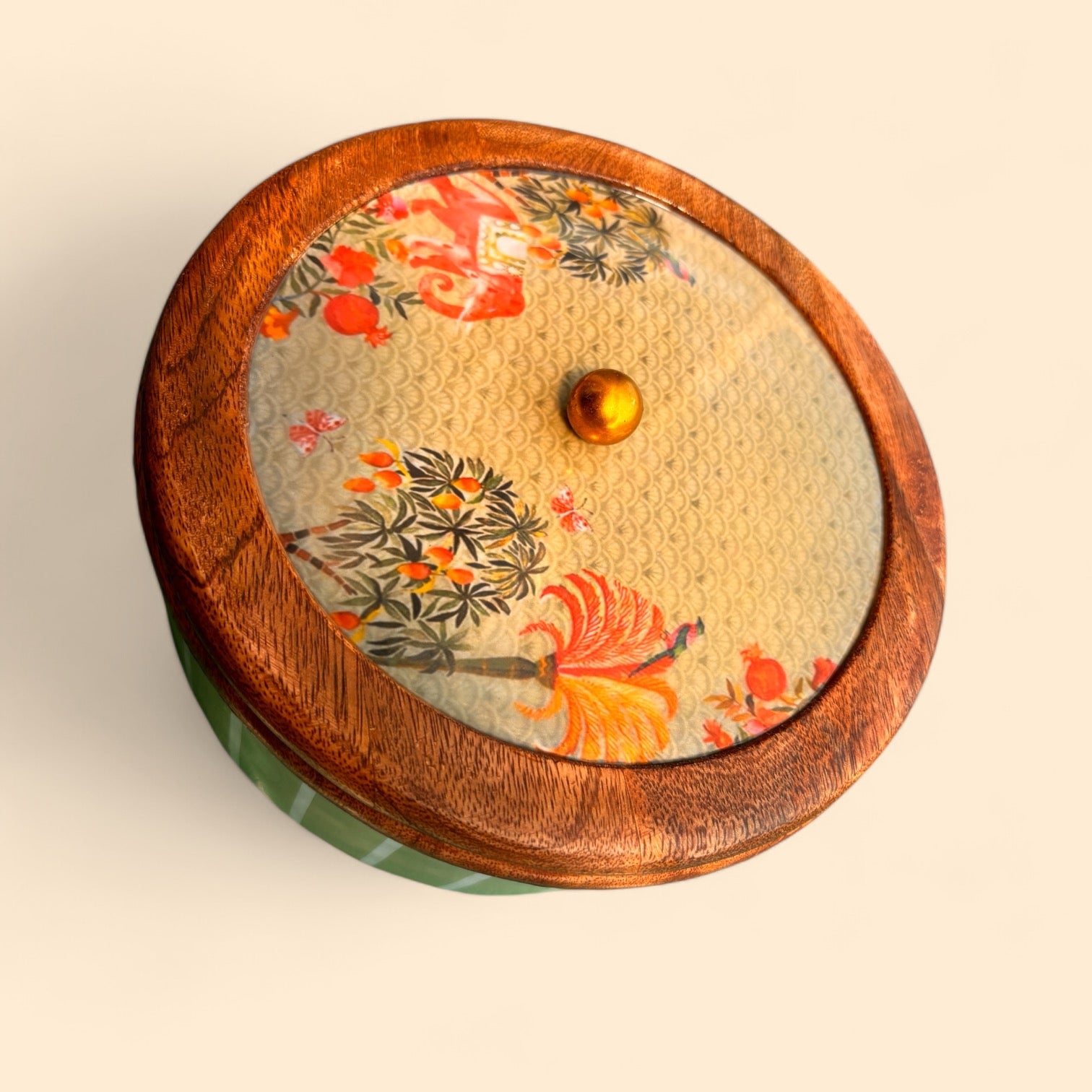 Handcrafted Decorative Casserole with Wooden and Glass Lid Floral Printed Top, Striped Ceramic Base for Dining, Gifting, and Home Decor