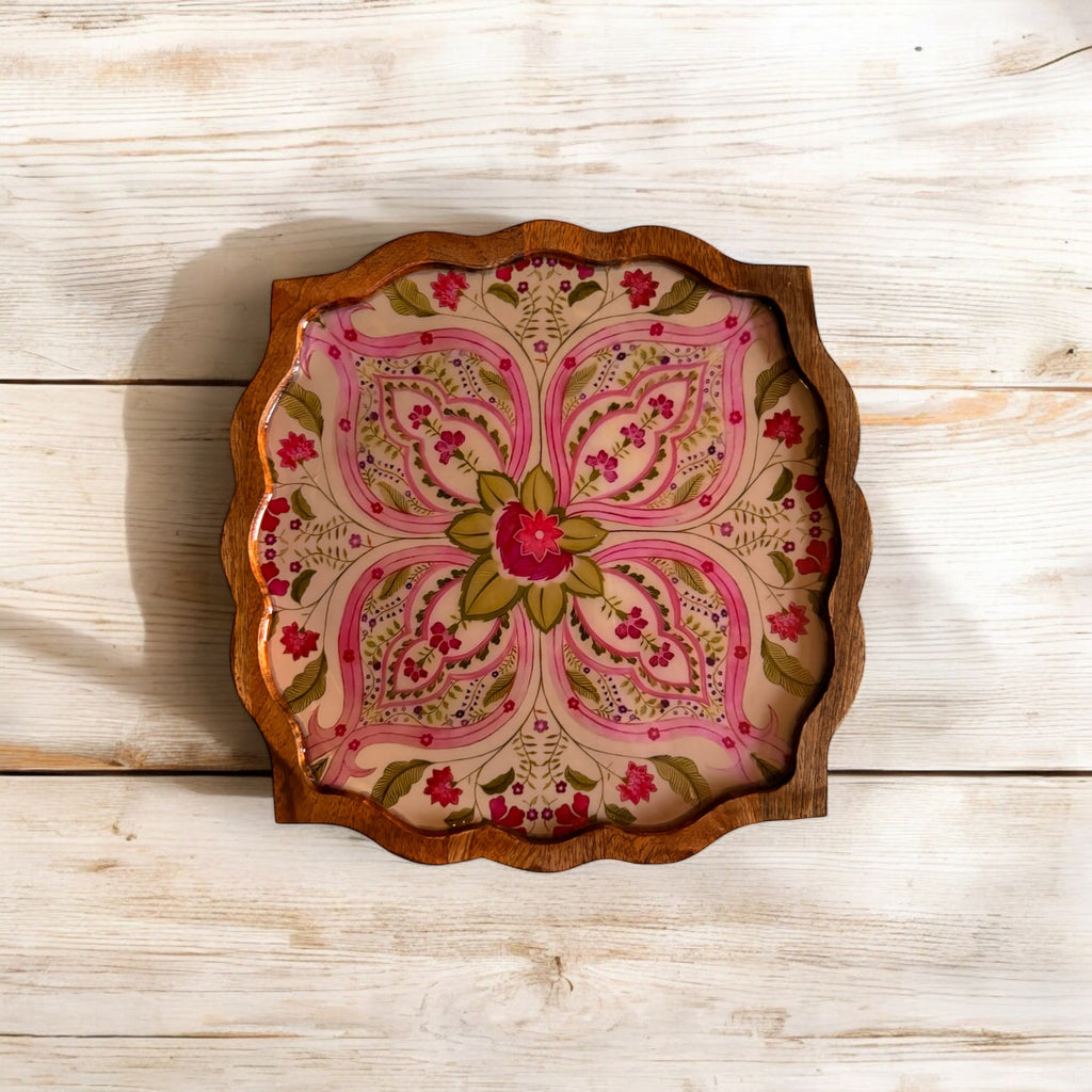 Blooming Lotus-Inspired Wooden Snack Plate Floral Mandala Design Artisan-Crafted Decorative Serveware for Dinning Table