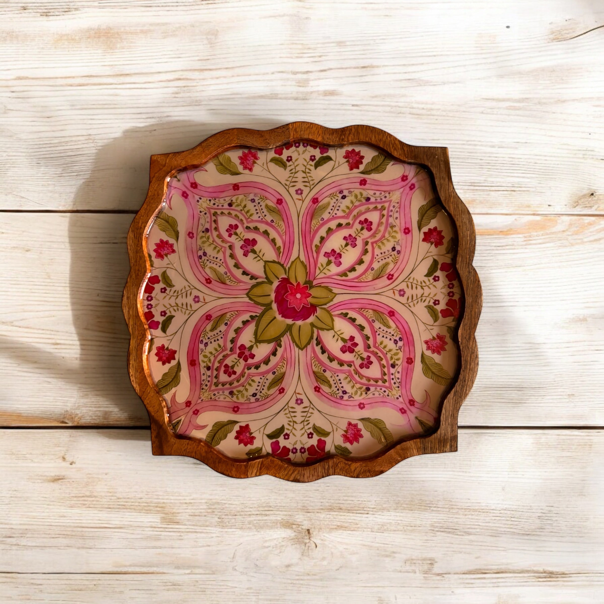 Blooming Lotus-Inspired Wooden Snack Plate Floral Mandala Design Artisan-Crafted Decorative Serveware for Dinning Table