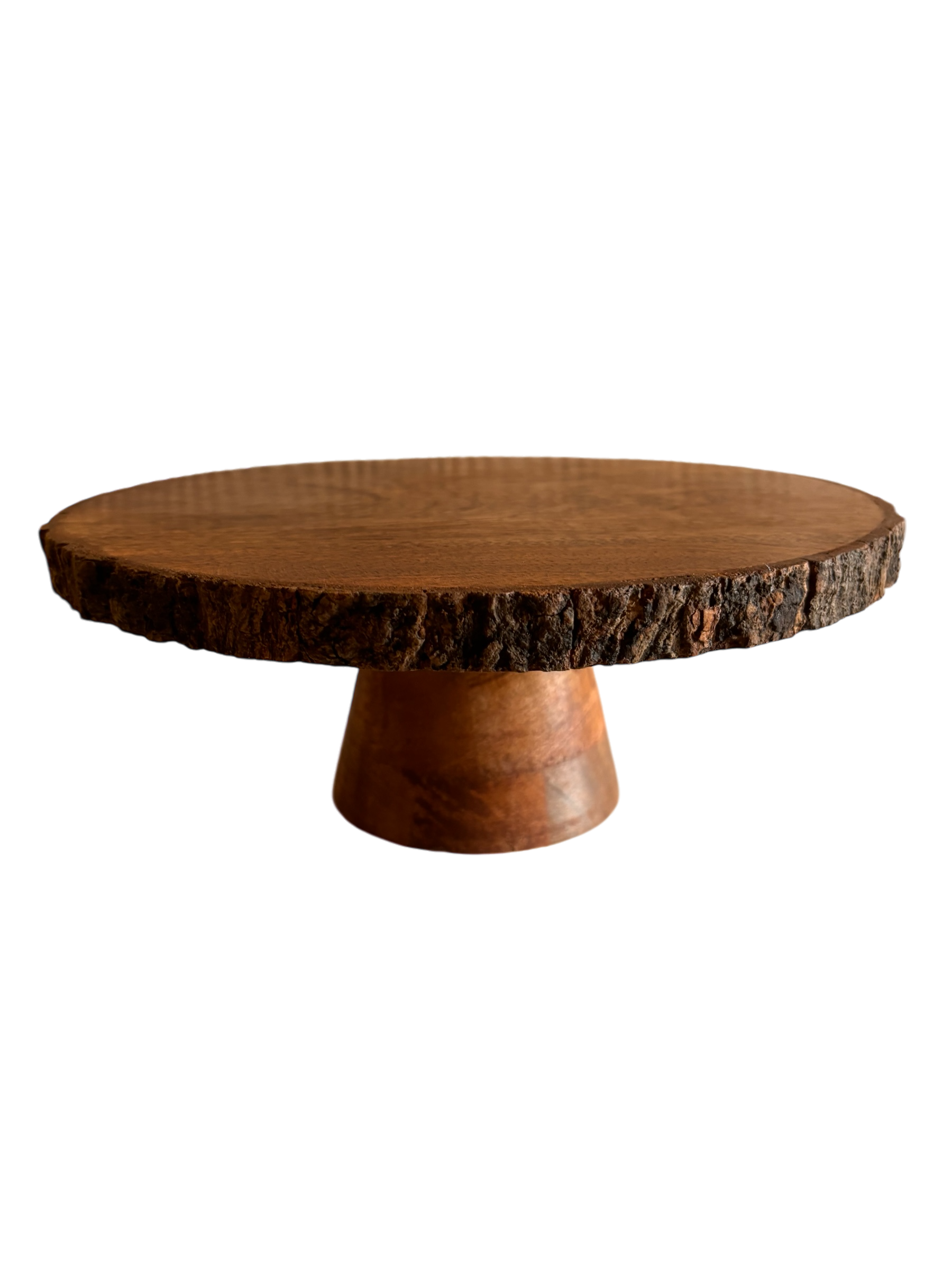 Rustic Wooden Cake Stand with Natural Bark Edge Handcrafted Pedestal Riser for Serving, Display, Wedding Decor, or Farmhouse Kitchen Styling