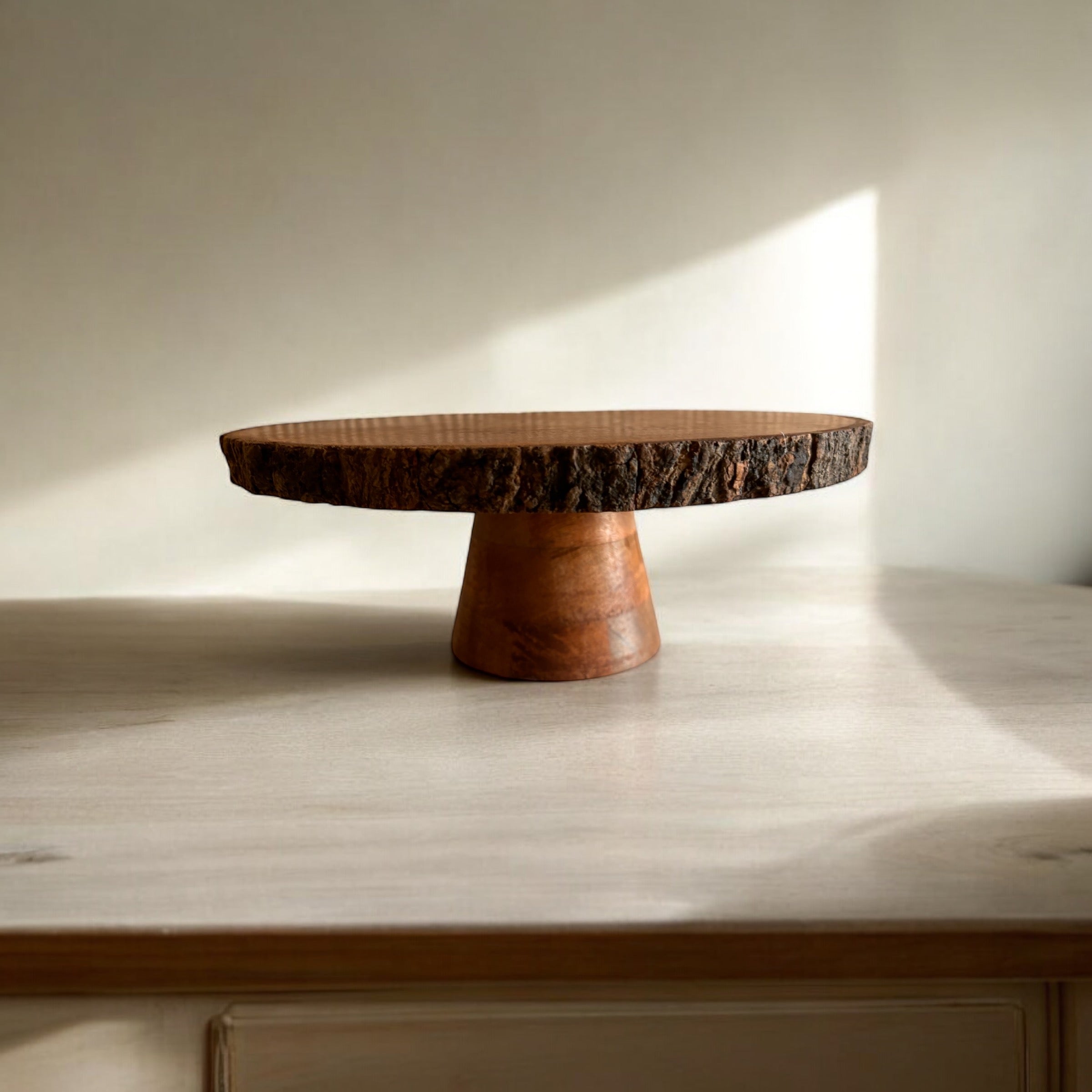Rustic Wooden Cake Stand with Natural Bark Edge Handcrafted Pedestal Riser for Serving, Display, Wedding Decor, or Farmhouse Kitchen Styling