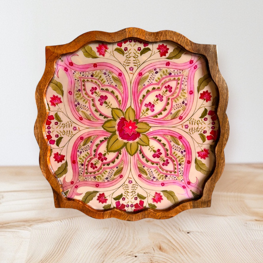 Blooming Lotus-Inspired Wooden Snack Plate Floral Mandala Design Artisan-Crafted Decorative Serveware for Dinning Table