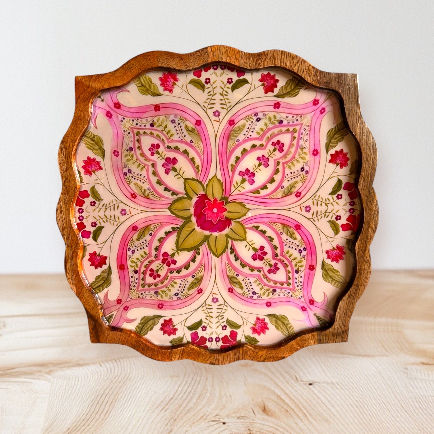 Blooming Lotus-Inspired Wooden Snack Plate Floral Mandala Design Artisan-Crafted Decorative Serveware for Dinning Table