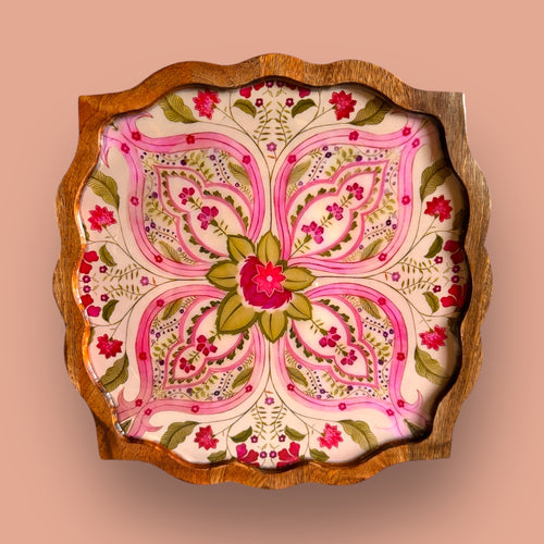 Blooming Lotus-Inspired Wooden Snack Plate Floral Mandala Design Artisan-Crafted Decorative Serveware for Dinning Table