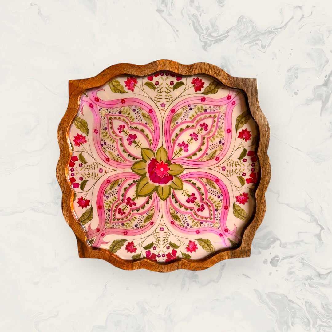 Blooming Lotus-Inspired Wooden Snack Plate Floral Mandala Design Artisan-Crafted Decorative Serveware for Dinning Table